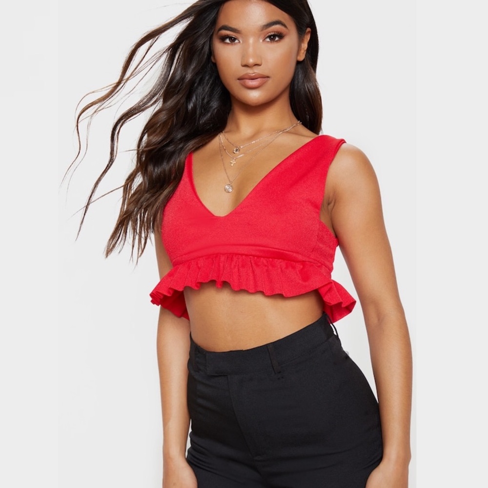 PRETTYLITTLETHING Red Frill Hem Plunge Crop Top NEW WITH TAGS Size 6